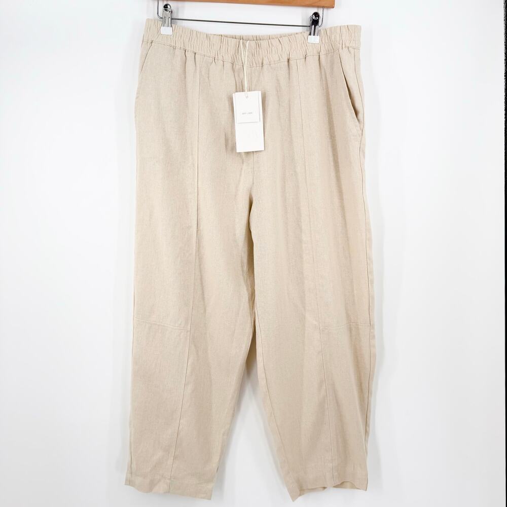 Zara Linen Blend Pull On Cropped Pants Oatmeal Beige Elastic Waist Large NWT - Picture 2 of 11